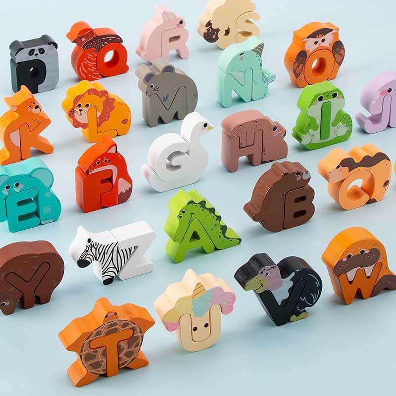 Creative wooden animal alphabet puzzle for preschool education, cognitive development toy