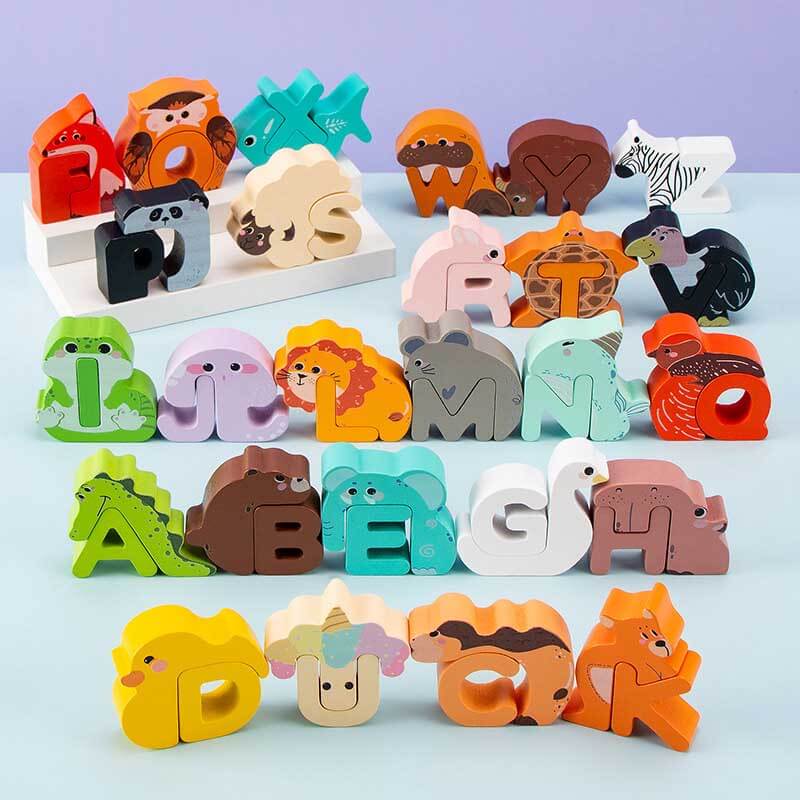 Children's interactive wooden puzzle with animal shapes and letters, fun alphabet learning toy