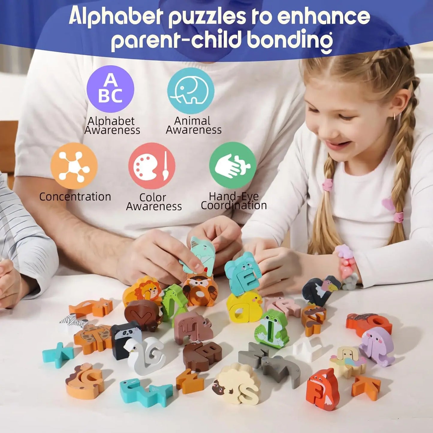 Toddler playing with a Montessori wooden animal alphabet puzzle, learning letters and animal shapes