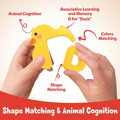Preschool learning: Complete wooden animal alphabet puzzle, showing all 26 letters and animals