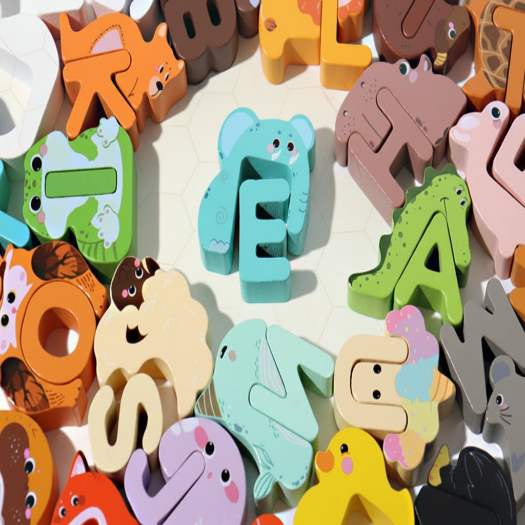 Montessori-inspired wooden alphabet puzzle, featuring cute animal shapes for early childhood education