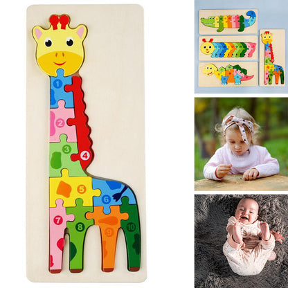 Fine motor skills activity: child playing with a durable wooden animal and number learning puzzle
