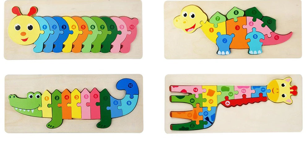 Close-up of a child's hand placing a wooden animal piece into an educational number puzzle