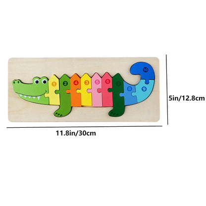 Colorful wooden puzzle showcasing animal shapes and corresponding numbers for early learning