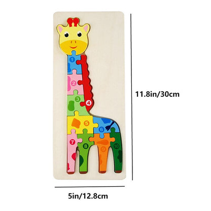 Detailed image of wooden puzzle pieces with animal figures and numerical representations for kids