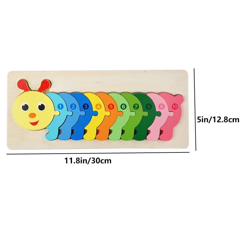 Children's wooden puzzle propped up, displaying various animals and numbers for learning