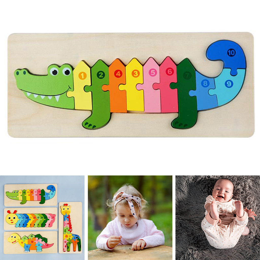 Overhead shot of a complete wooden animal and number learning puzzle, an ideal educational toy