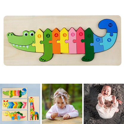 Overhead shot of a complete wooden animal and number learning puzzle, an ideal educational toy