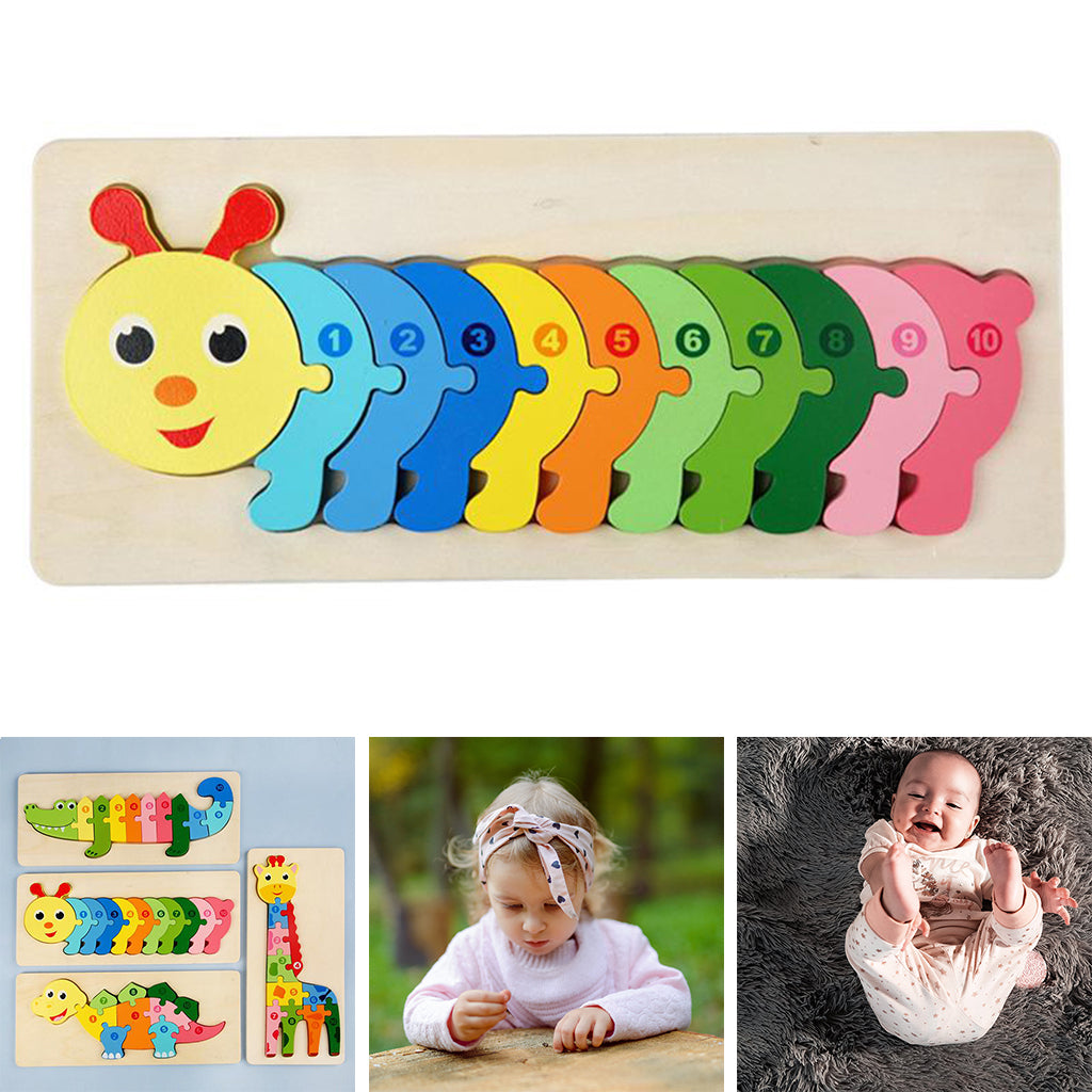A child excitedly pointing to a number piece on a wooden animal educational puzzle, learning