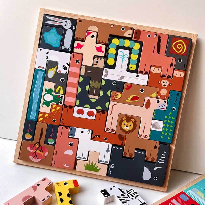 Wooden animal stacking blocks set for toddlers, Montessori educational toy for preschool learning and motor skills