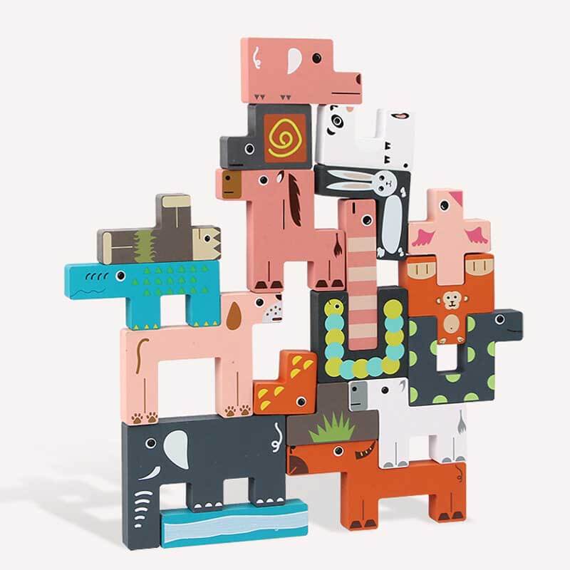 Wooden animal stacking toy set, educational building blocks designed for preschool kids' creative play