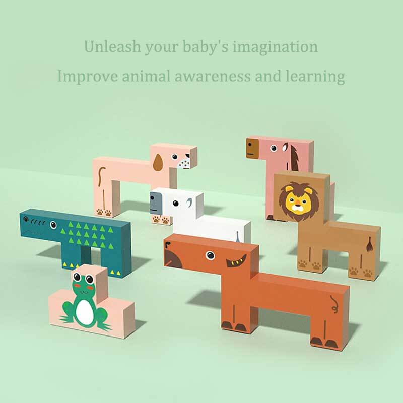 Close-up of a wooden animal stacking blocks set, promoting fine motor skills and cognitive development in toddlers