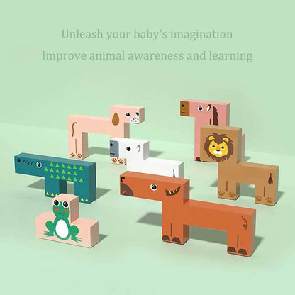 Close-up of a wooden animal stacking blocks set, promoting fine motor skills and cognitive development in toddlers