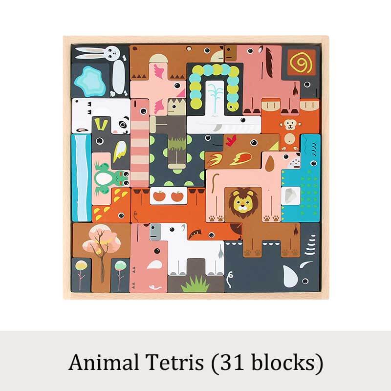 Complete set of wooden animal stacking puzzle blocks, an ideal educational toy and gift for preschool children