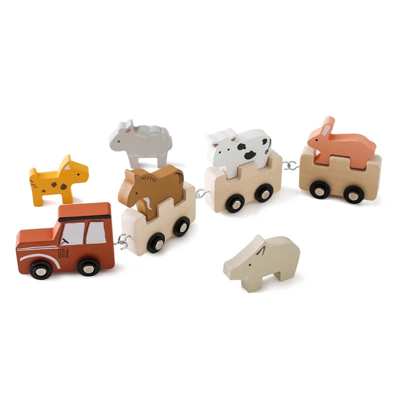 Wooden stacking animal train toy, ideal for toddlers to develop fine motor skills & spatial reasoning.