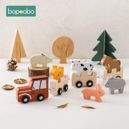Colorful wooden animal train, stackable blocks with farm & safari creatures for preschool learning.