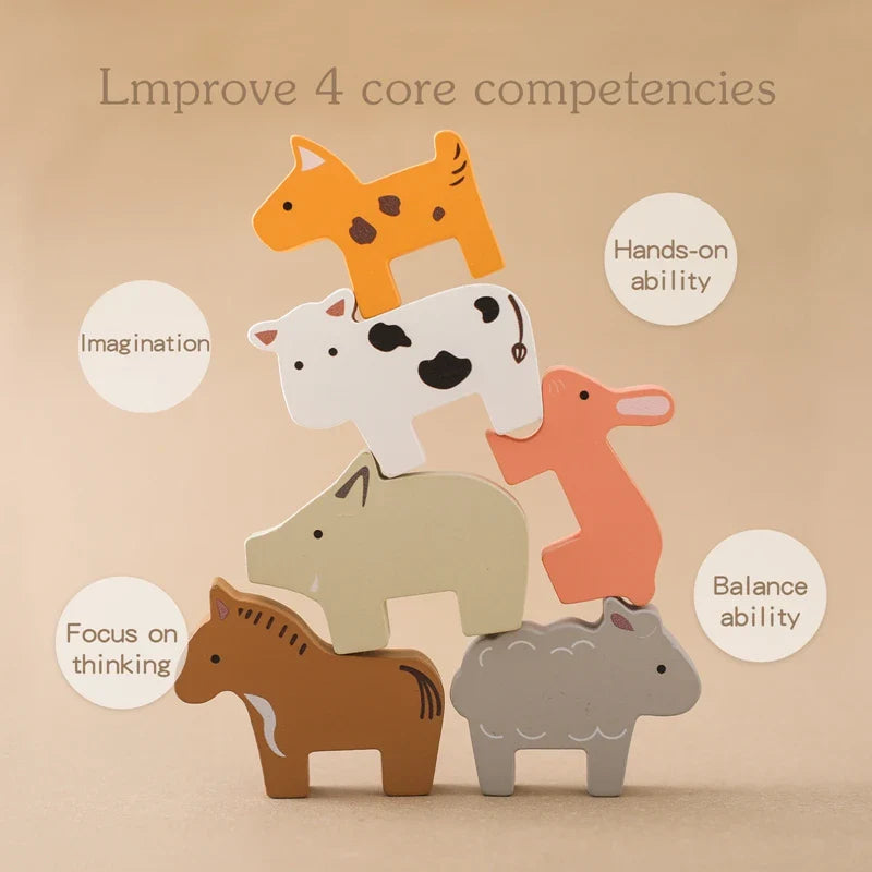 Montessori wooden stacking animal train toy, develops fine motor skills, balance, & problem-solving.