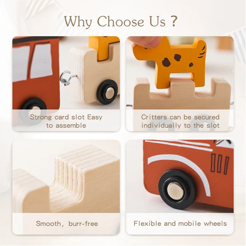 Kids stacking wooden animal blocks on a rolling train, teaches balance, shapes & coordination.
