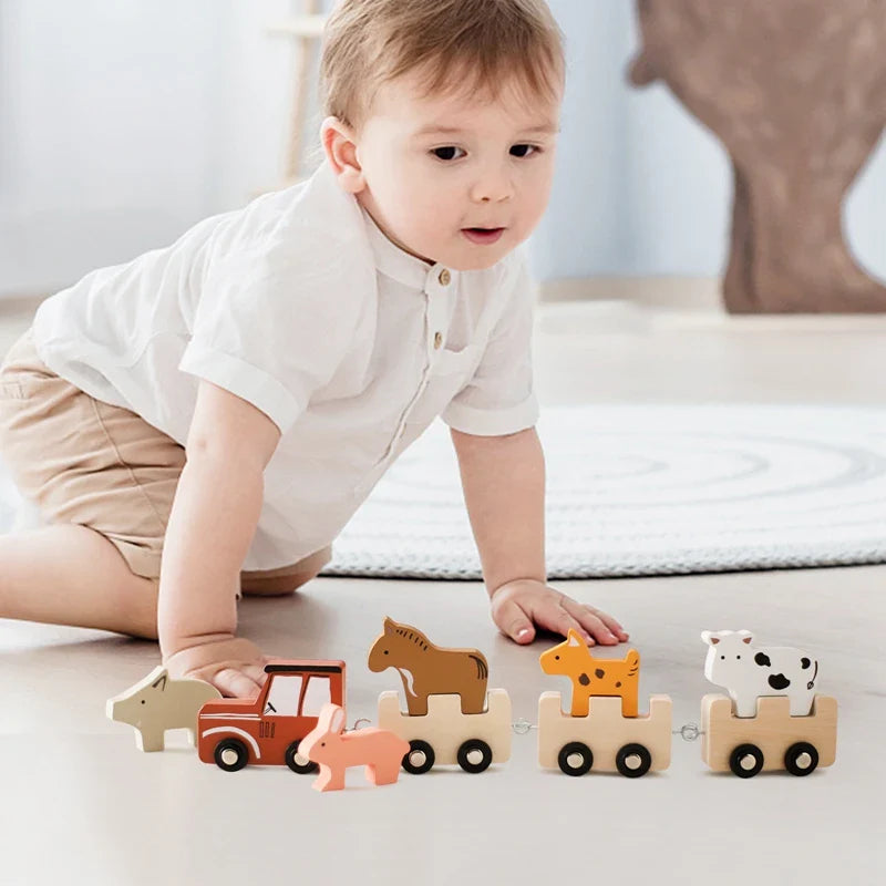 Durable wooden animal train set, Montessori stacking blocks promote early childhood education.