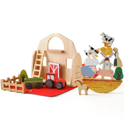 Wooden animal stacking train with diverse animal blocks (dinosaurs, farm) for engaging toddler play.