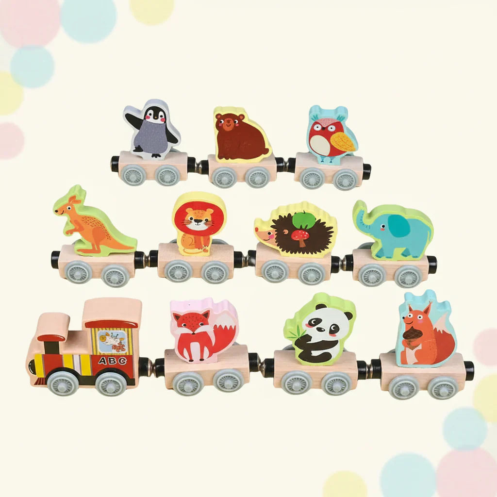 Wooden animal train toy set with magnetic couplings for toddlers, teaches fine motor skills.