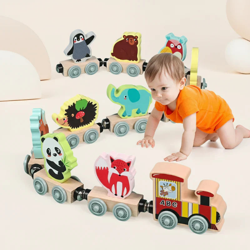 Colorful wooden animal train toy, magnetic connections, perfect for toddler fine motor skill development.