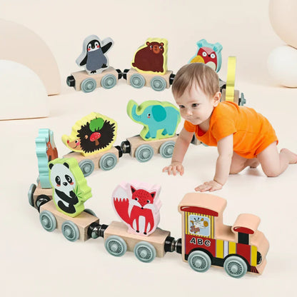 Colorful wooden animal train toy, magnetic connections, perfect for toddler fine motor skill development.