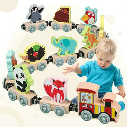 Unisex magnetic wooden train with various animal figures, an engaging educational toy.