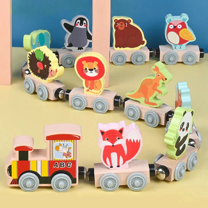 Close-up of magnetic wooden animal train, showcasing detailed craftsmanship and eco-friendly design.