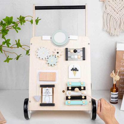 Baby activity center in wood with interactive learning features for infants