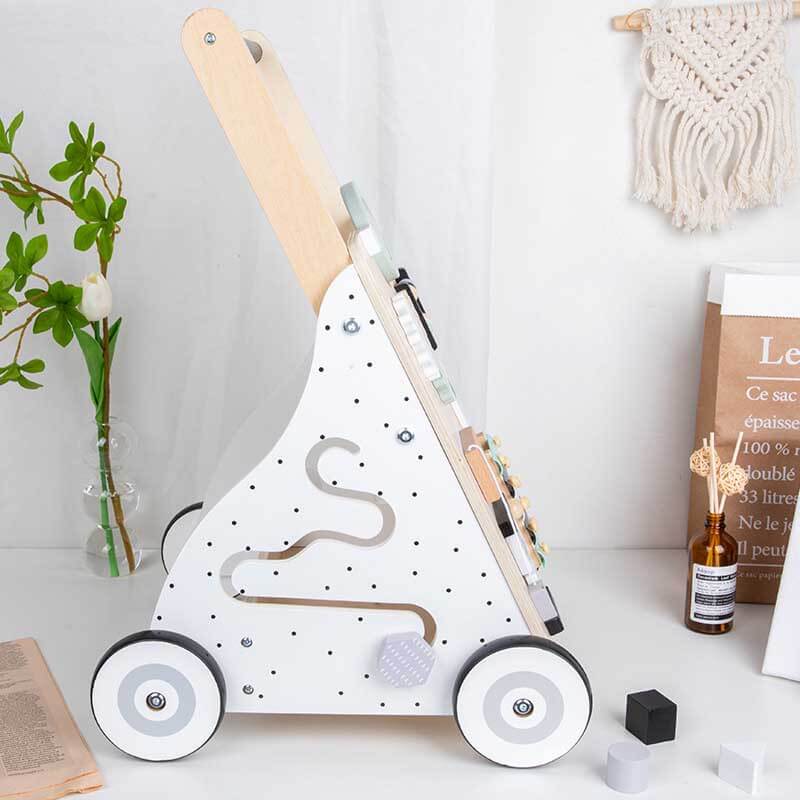 Activity walker for babies, made of wood with various sensory and learning toys
