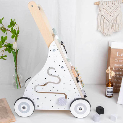 Activity walker for babies, made of wood with various sensory and learning toys