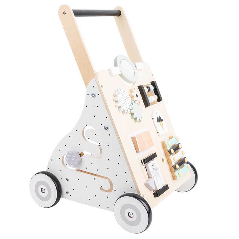 Natural wood baby activity center with engaging educational toys for young children