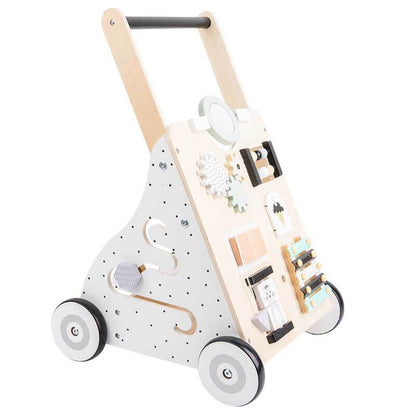 Natural wood baby activity center with engaging educational toys for young children