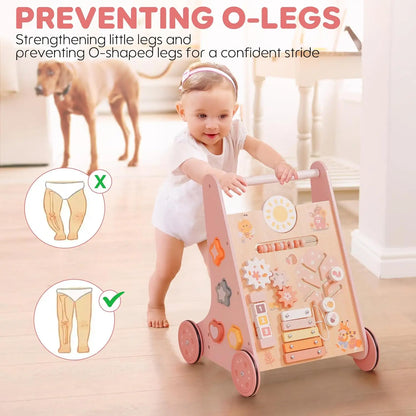 Montessori push toy walker, natural wood with colorful gears and musical xylophone for toddlers, durable design
