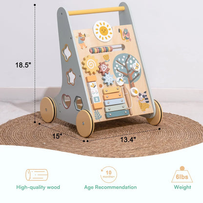 Multi-functional wooden baby activity walker with various interactive activities, a perfect Montessori toy for early learning