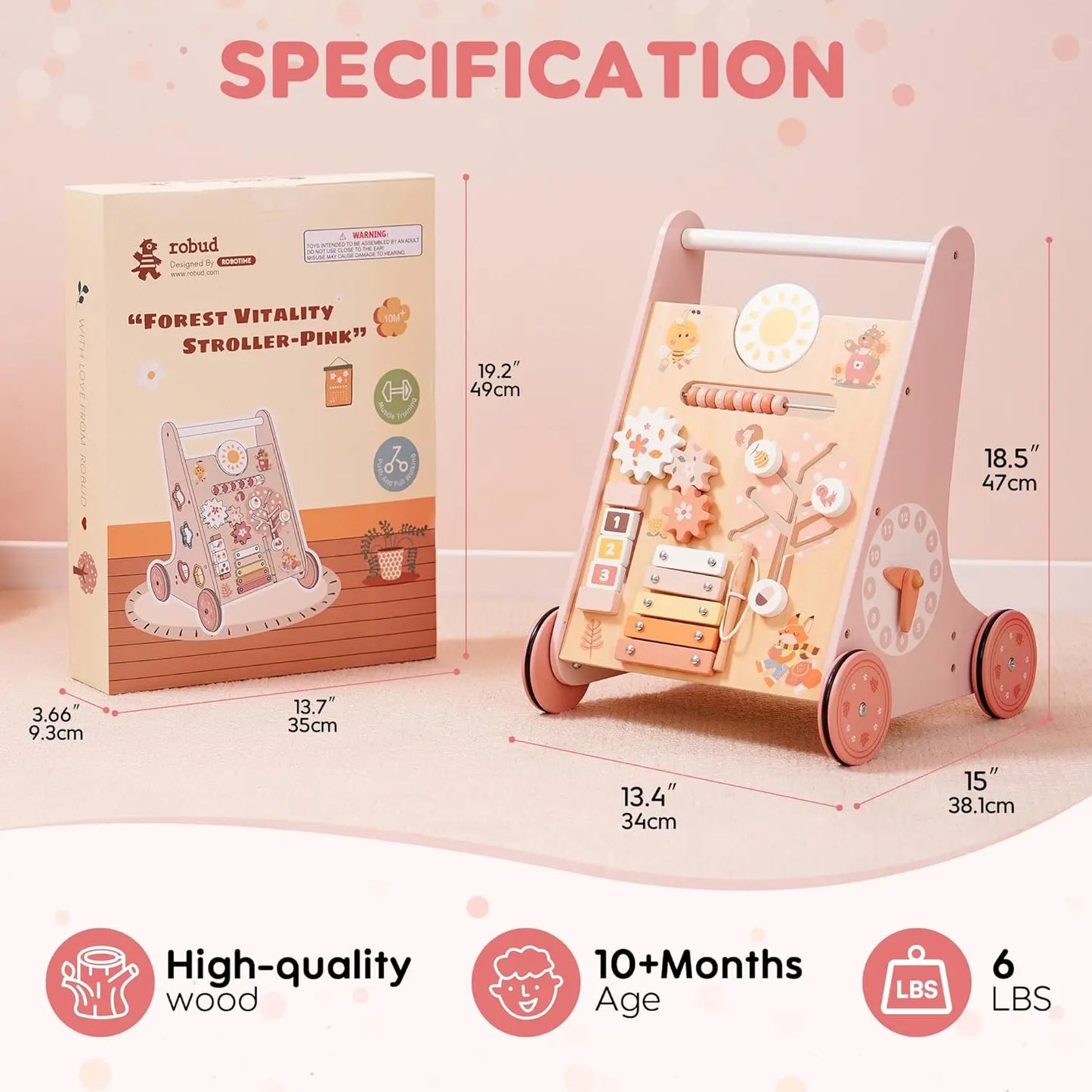 Full view of educational wooden walker, push toy for babies, 7-in-1 Montessori activity center for toddlers