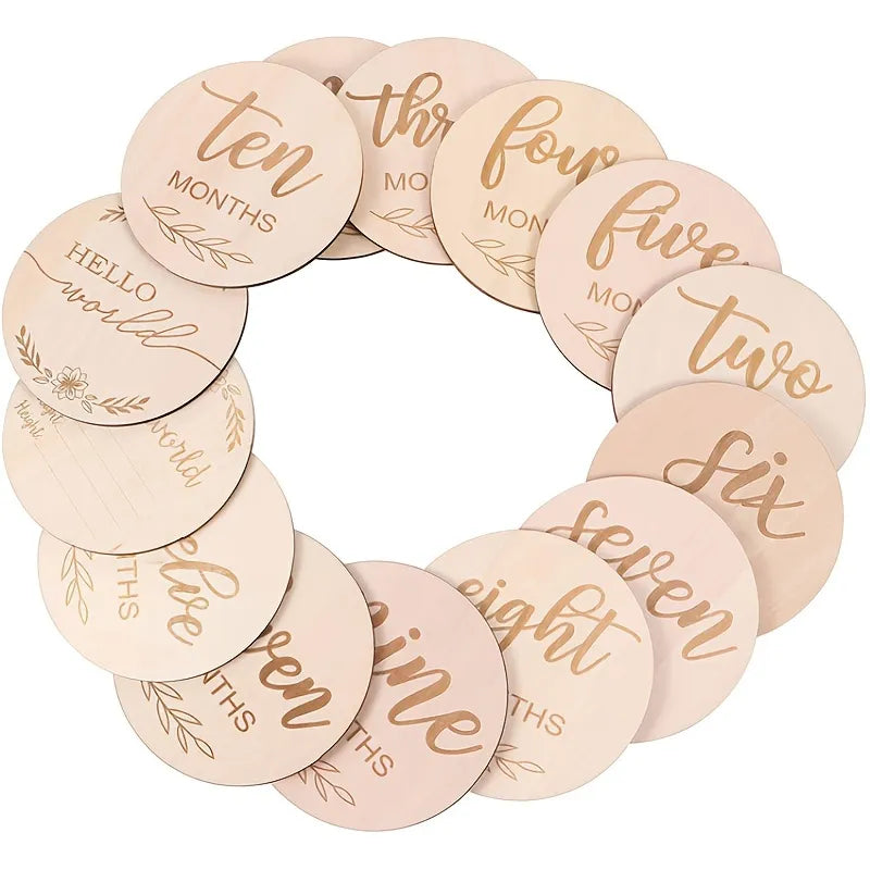 Wooden baby milestone cards, double-sided, for infant photography, gender-neutral design, newborn gift.