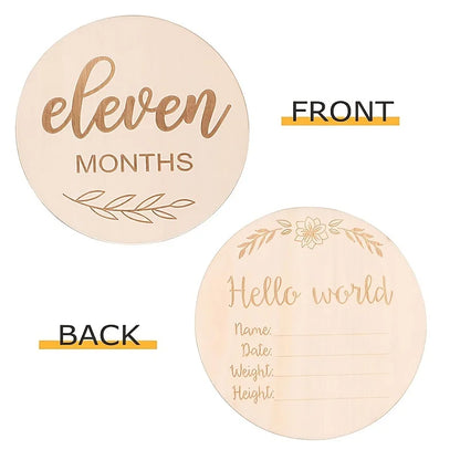 Baby milestone photo cards, double-sided, natural wood, ideal for capturing infant's first year.
