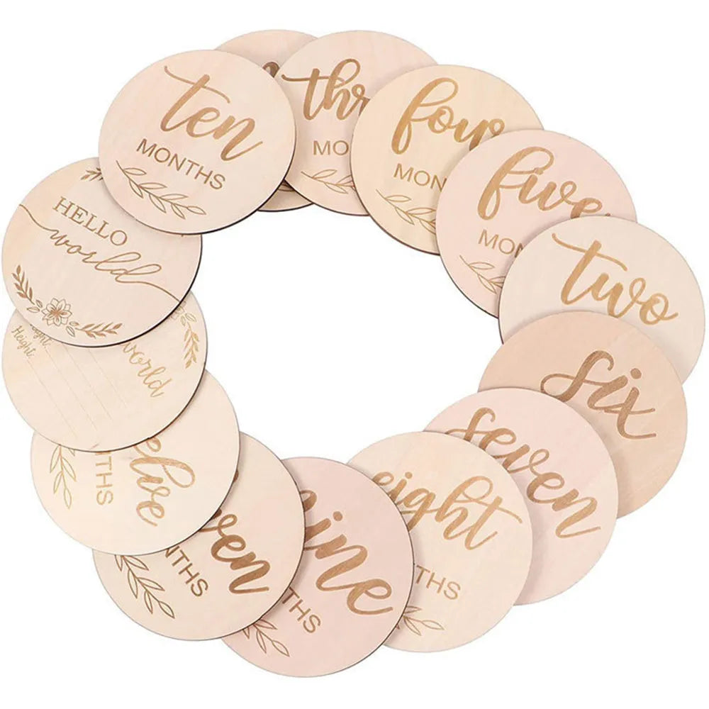 Close-up of 'One Month' wooden baby milestone card, perfect for baby shower gift, unisex style.