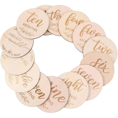 Close-up of 'One Month' wooden baby milestone card, perfect for baby shower gift, unisex style.