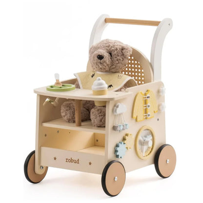 Wooden baby push walker & doll stroller with activity center, developing toddler motor skills
