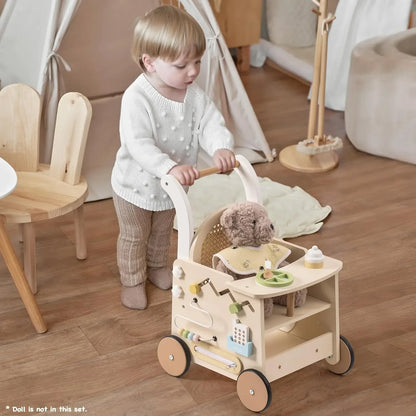 Toddler pushing wooden activity walker with colorful beads & blocks, promoting early learning