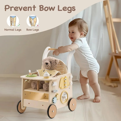 Close-up of baby push walker activity center with rotating gears and sorters, educational toy