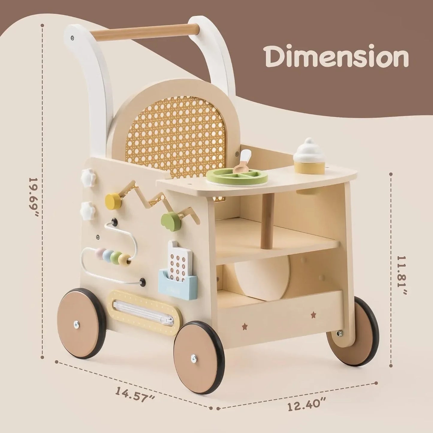 Detail of wooden push walker wheels and sturdy handle, safe and durable for toddlers