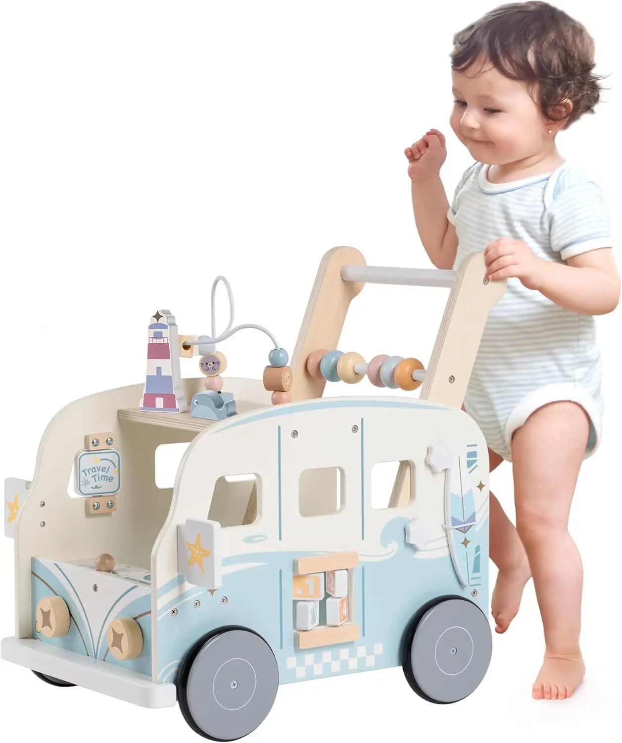 Wooden baby walker with activity center, multiple colorful developmental and educational toys