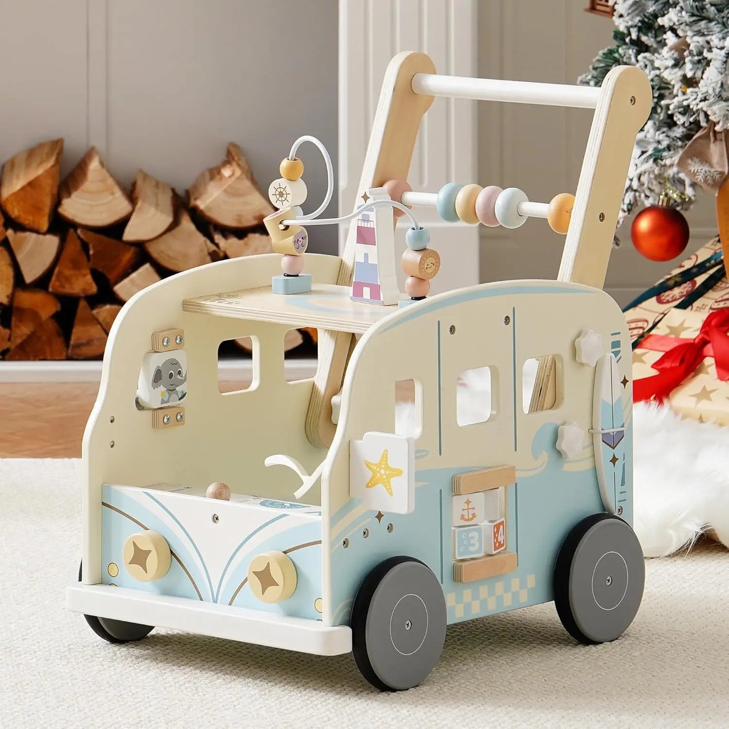 Toddler pushing a Montessori wooden baby walker with built-in activity center for first steps