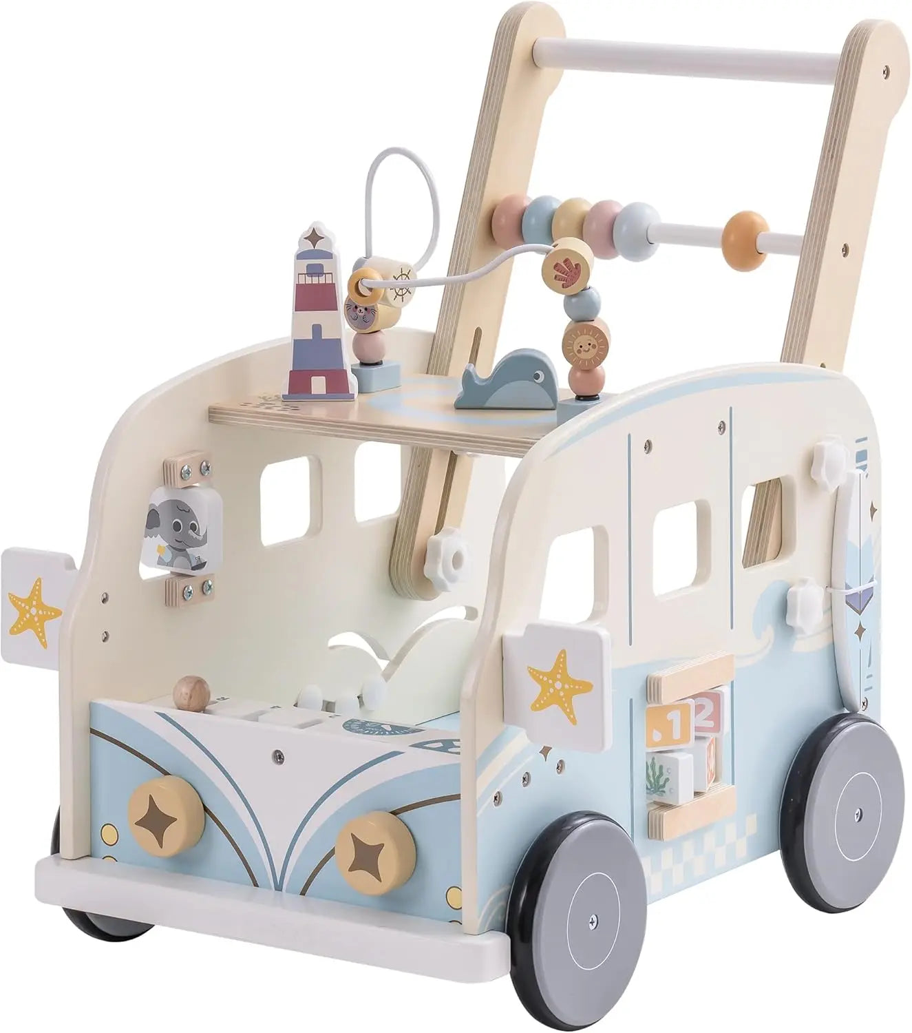Close-up of wooden baby activity center on a walker, featuring beads, gears, and shape sorters