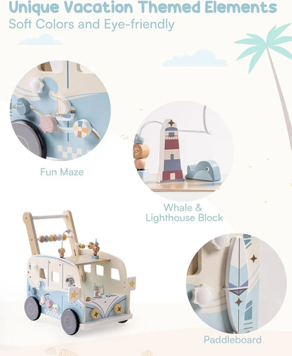 Side view of a sturdy wooden push toy baby walker designed for toddlers learning to walk