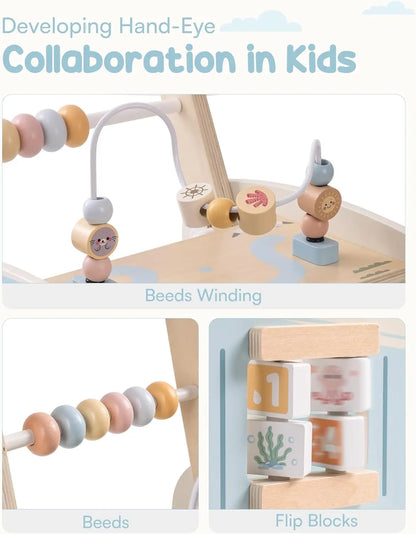 Top-down view of kids' play wooden baby walker activity center with vibrant colors and engaging elements